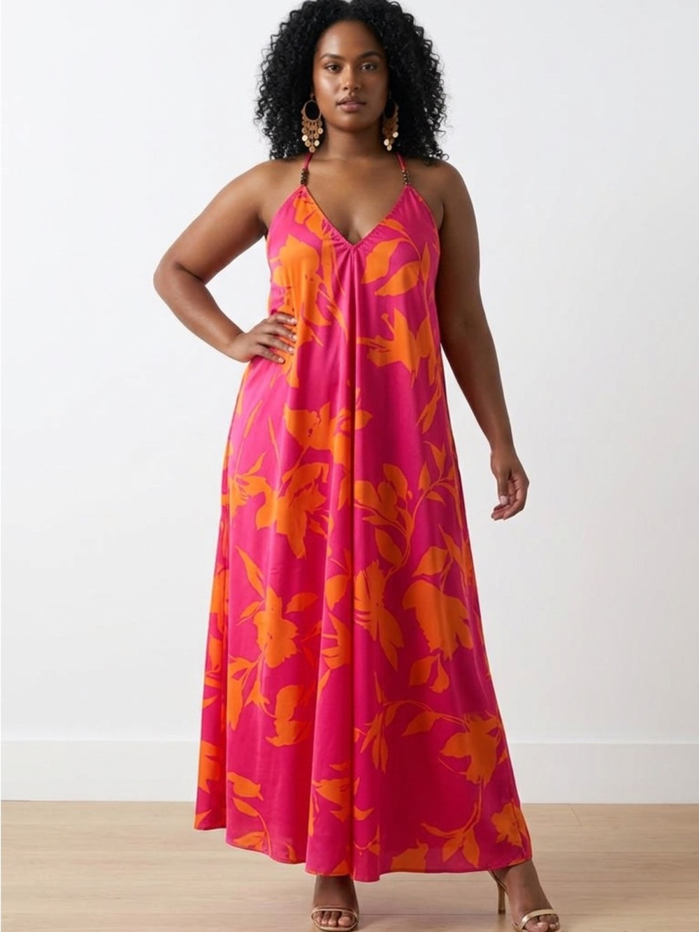 Dress Nado Maxi Dress XL Pink & Orange Floral Halter NWT